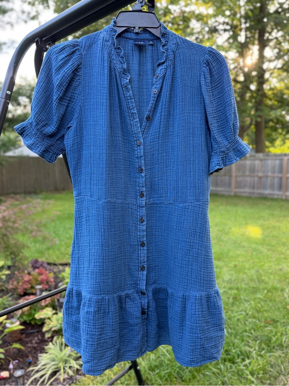 GAP Blue Crinkle Cotton Double Gauze Ruffle Button Front Mini Dress Sz Medium - Picture 13 of 13